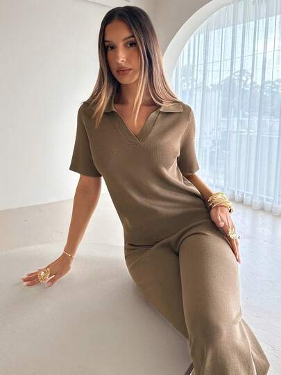 Aloruh Women's New Autumn/Winter Khaki Knit Ribbed V-Neck Short Sleeve Polo Shirt