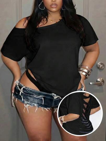 Slaydiva Plus Size Summer Casual Solid Color Backless Asymmetrical Collar T-Shirt