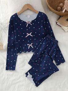 Girls' Royal Blue Small Heart Print Long Sleeve Cropped Top And Matching Heart Print Long Pants Pajama Loungewear Set - Royal Blue - View 3