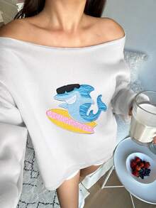 SHEIN EZwear 女款露肩寬鬆休閒長袖運動衫，鯊魚印花，海灘風 - 白色 - 查看 8