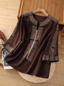 Rusticease 大尺碼女款休閒白色鏤空刺繡襯衫，秋季服飾 - 棕色 - 查看 1