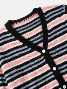 lacRébo Multicolor Striped Knit V Neck Wool Blended Cardigan Summer Autumn Casual Daily Casual - Multicolor - View 10