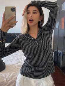 DAZY Women's Retro Minimalist Striped Slim Fit Hoodie T-Shirt, Versatile Design Long Sleeve - Dark Grey - View 10