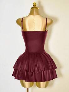 Mistrie Black Outfits Women Sexy Dress PU Asymmetric Cup Corset Waist Cake Ruffle Hem Dress - Burgundy - View 3