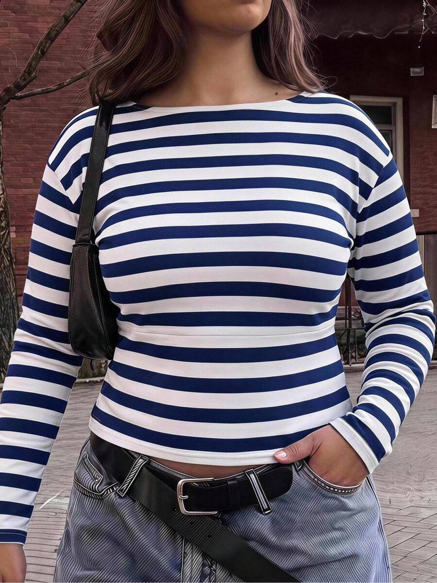 Solavibe Plus Size Navy Blue Colorblock Long Sleeve Casual Traditional T-Shirt, Ribbed Tops For Women, Blue White Stripe, Blouses Autumn Beach Formal Fall - Blue - View 1