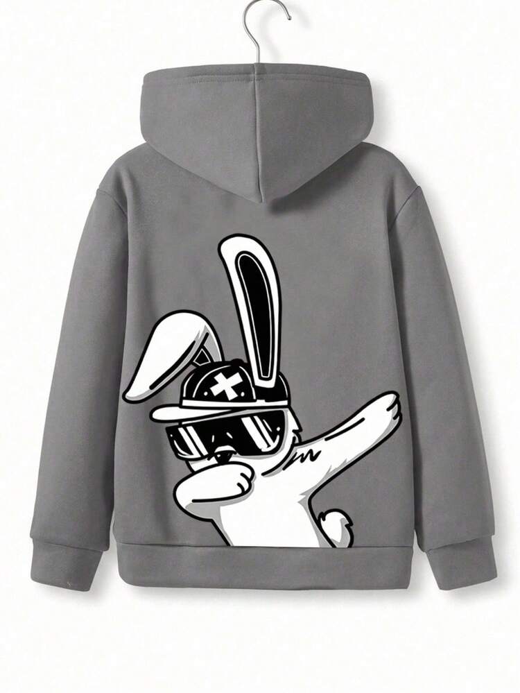 SHEIN 1pc Kids Tween Boy Casual College Style Comfortable Fashion Minimalist Loose Fit Practical Versatile Rabbit Graphic Back Sweatshirt Suitable For Daily Wear School Outings Sports Autumn/Winter - Grey - View 6