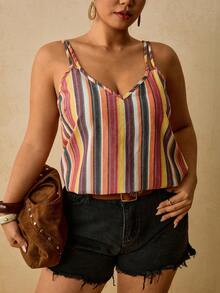 Travachic Camiseta sin mangas casual de talla grande con bloques de color y rayas para el verano - Multicolor - Ver 7