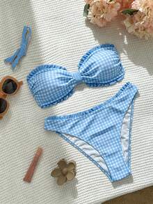 Swim Mod Women's Summer Beach Cute Sweet Plaid Print Ruffle Trim Bikini Set, Suitable For Beach, Casual, Vacation, Holiday, Party Wear - Baby Blue - View 3