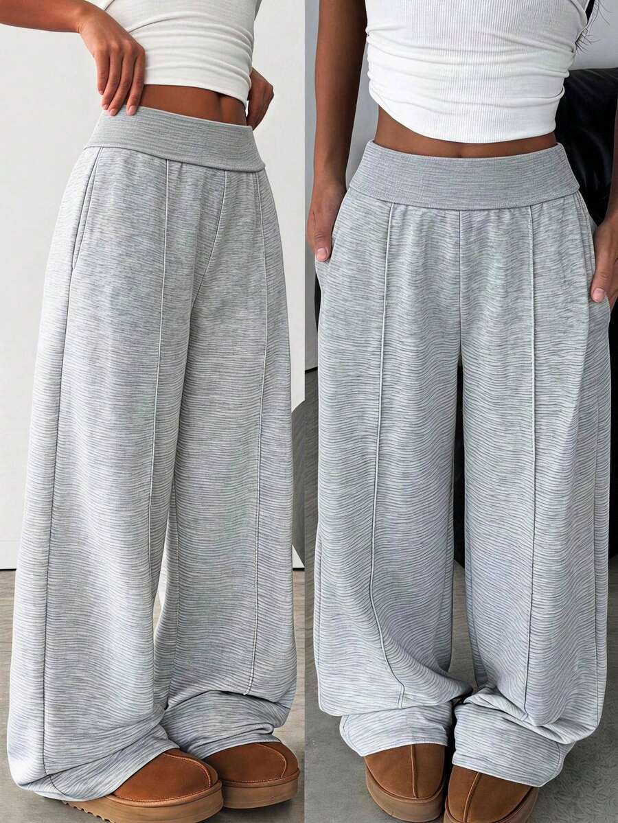 SHEIN Tween Girl Tween Girls Knit Light Gray Folded Waist Casual Loose Sweatpants - Light Grey - View 1