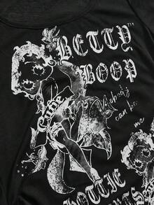Betty Boop | ROMWE Spring/Summer Y2K Hot Girl Collaboration Vintage Distressed Print Fitted Ruched T-Shirt - Black - View 4