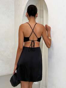 SHEIN BAE Đầm Hội Chữ thập Cắt ra Vắt Buộc lại màu trơn Gợi cảm - màu đen - Xem 3