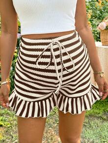 SHEIN Maternity Adjustable Waist Striped Colorblock Casual Daily Shorts - Coffee Brown - View 2