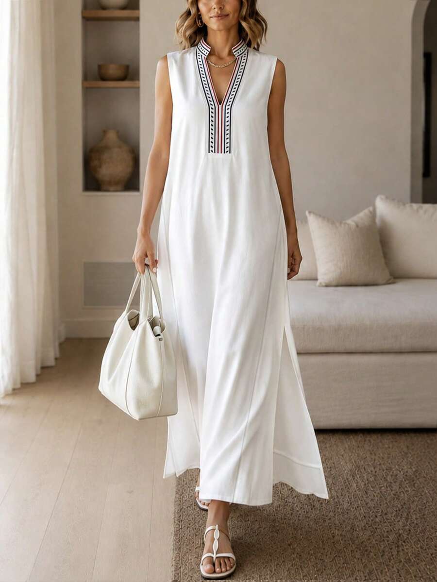 Isle Nomé Women Sleeveless Maxi Caftan Dress, V‑Neck Decorative Printed Trim Loose Side Split Long Dress - Apricot - View 1