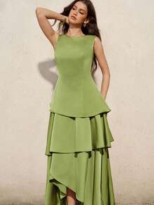 BELROSIE Elegant Sophisticated Solid Color Satin Sleeveless Ruffle Hem Layered Tiered Dress For Women - Green - View 7