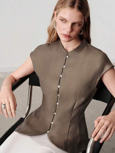 Aveloria Modichic Blusa elegante de unicolor, sin mangas, con cuello alto, abotonadura sencilla, cintura ceñida, bajo acampanado y ajuste ceñido, versátil para el diario