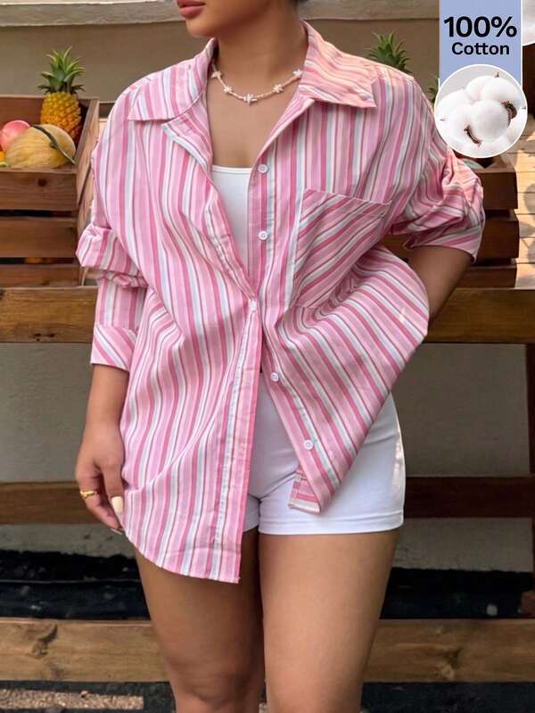Muchica Plus Size Women's Striped Single-Breasted Casual Daily Wear Shirt