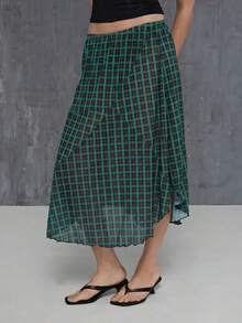 COUREZ Low Rise Mesh Check Midi Skirt/ Y2K Summer Outfits For Women Outfits Skirts Long Skirts Going Out Outfits For Women Rave Club Fall Clothes Flowy Skirt - Coffee Brown - View 6