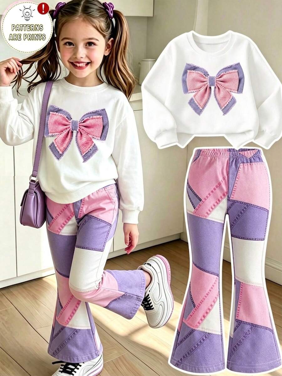 SHEIN 2件組少女休閒秋冬蝴蝶結圖案印花圓領抓絨長袖衛衣與3D印花仿牛仔軟喇叭褲套裝,適合秋冬穿著 - 彩色 - 查看 1