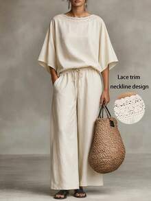 SHEIN LUNE Elegant Vacation Casual Lace Trim Loose Apricot Autumn Women's 2 Pieces Set - Apricot - View 4
