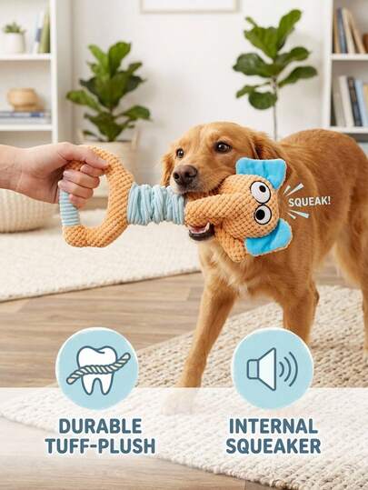 PETSIN Orange Elephant Plush Dog Toy With Tug Handle & Squeaker, Interactive Pet Chew Toy For Small Dogs & Cats, Funny Crinkle Puppy Toy For Indoor Play, Teeth Cleaning & Boredom Relief