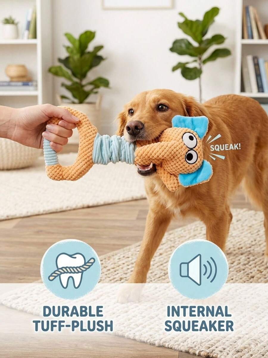 PETSIN Orange Elephant Plush Dog Toy With Tug Handle & Squeaker, Interactive Pet Chew Toy For Small Dogs & Cats, Funny Crinkle Puppy Toy For Indoor Play, Teeth Cleaning & Boredom Relief - Orange handle elephant - View 1