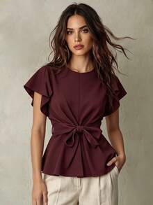 Franclia Women's Sweet Ruffled Sleeve Shirt With Decorative Belt, Suitable For Spring/Summer Vacation Golf Pastal Sexy - Burgundy - View 5