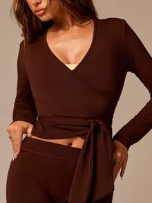 Athîral Women's Solid Color V-Neck Pleated Long Sleeve Top And Pants Casual Daily Sports Set - Brown - View 4