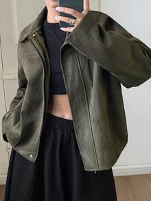DAZY Solid Color Loose Fit Lapel Long Sleeve Zipper PU Jacket Casual Streetwear Spring Autumn Women's Jacket - Green - View 5