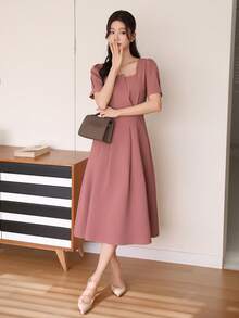 DAZY Women Solid Color Asymmetric Square Neck Long Casual Dress, Suitable For Office Wear SunDress - Pink - View 1