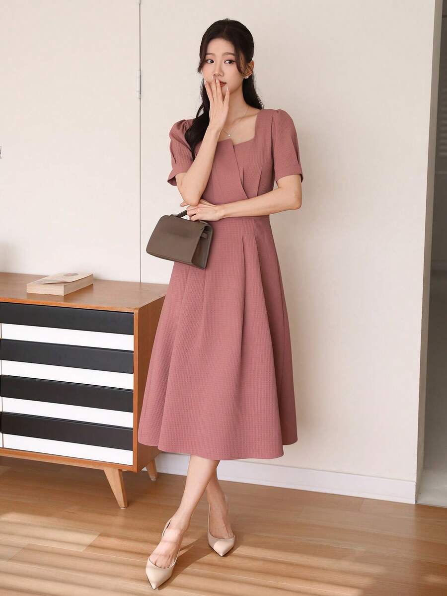 DAZY Women Solid Color Asymmetric Square Neck Long Casual Dress, Suitable For Office Wear SunDress - Pink - View 1