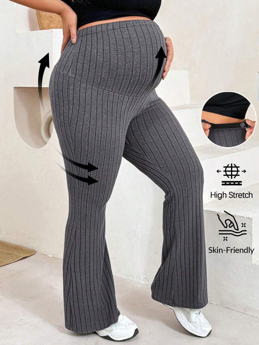 Plussiva Quần ống loe bầu size lớn màu trơn, cạp điều chỉnh được - Màu xám đen - Xem 1