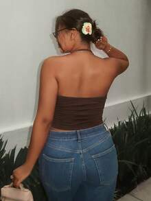 Firerie Plus Size Sexy Draped Neck Backless Top, Summer - Brown - View 3