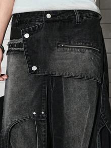 ROMWE MEN Casual 男士毛邊設計休閒解構重磅牛仔長褲 - 黑色 - 查看 2
