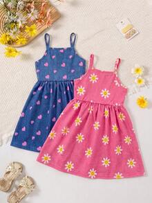 Elladie kids 2pcs/Set Young Girls' Blue Spring/Summer Cute Strap Waist A-Line Dress Set,Daisy Heart Print School Style For Outings,Matching Outfits For Sisters - Multicolor - View 4
