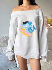 SHEIN EZwear 女款露肩寬鬆休閒長袖運動衫，鯊魚印花，海灘風 - 白色 - 查看 5