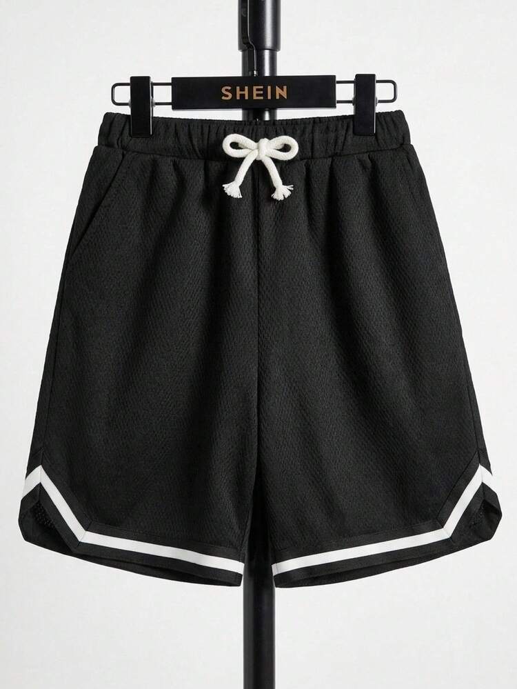 SHEIN Pantalones cortos deportivos de verano para niño preadolescente con cintura con cordón a rayas - Negro - Añade 7