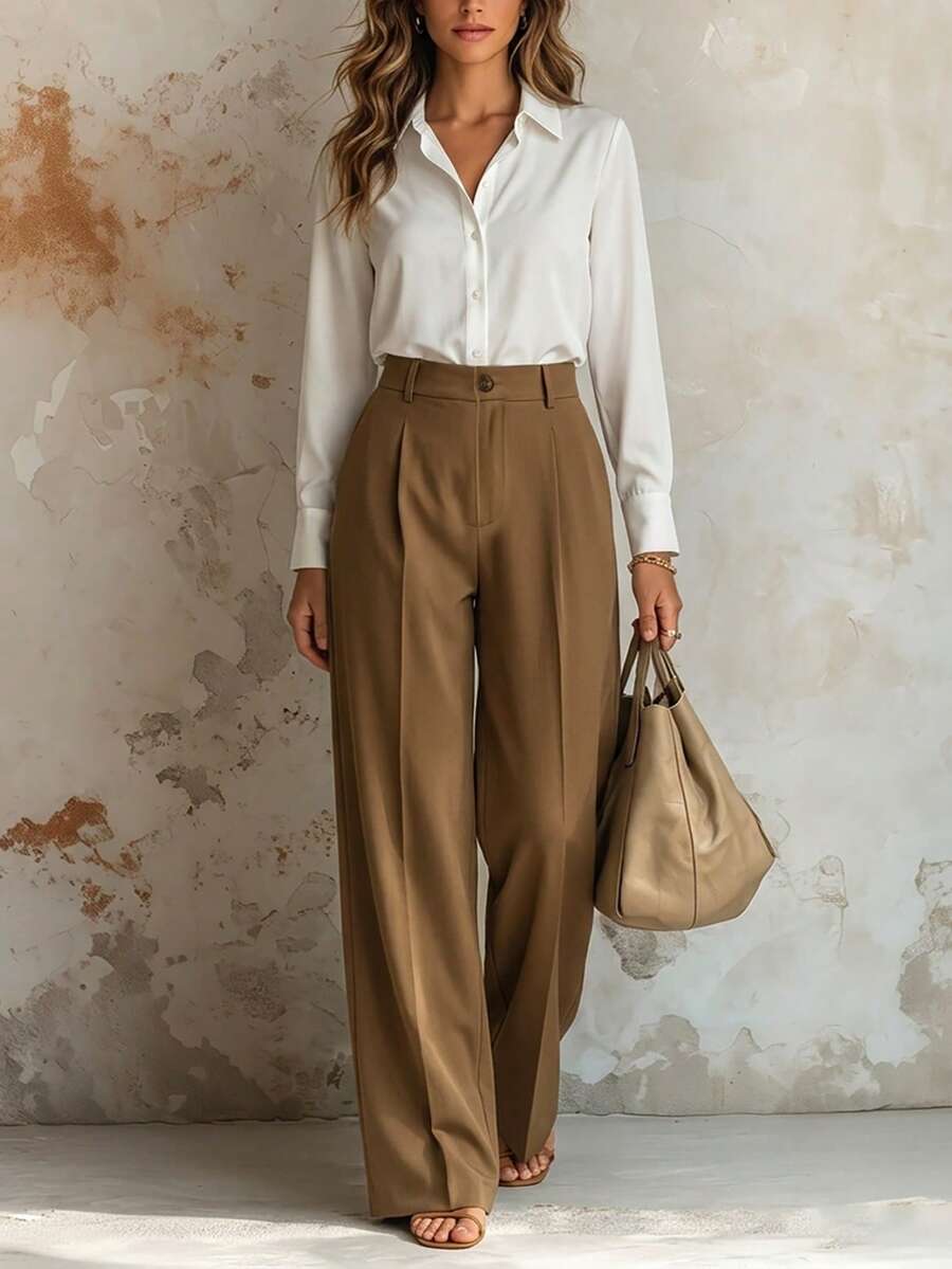 Franclia Conjunto de camisa abotonada y pantalones color albaricoque para mujer - Café integral - Ver 1