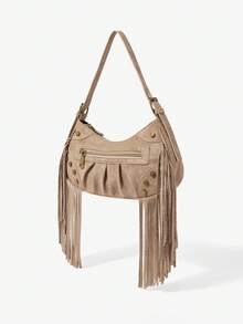 Viva Strut Tas Bahu Wanita Modis Warna Khaki dengan Rumbai Bahan Suede, Desain Resleting, Sederhana dan Serbaguna, Cocok untuk Penggunaan Sehari-hari, Belanja, Sekolah, dan Festival Musik - Khaki - View 3