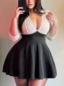 Vibekara Women's Plus Size Sexy Hot Girl Solid Color Lace Trim V-Neck Casual Versatile Black Cinched Waist Slim Fit Elastic Inclusive Flattering Dress - White - View 1