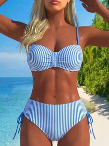 Swim Lushoire 女款夏季度假海灘性感藍白直條紋印花聚攏鋼圈細肩帶抓褶平胸比基尼上衣搭配高腰側抽繩比基尼褲套裝 - 藍白色 - 查看 1