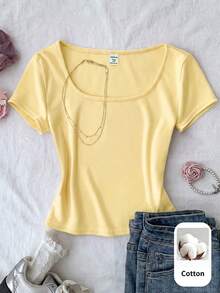 SHEIN Tween Girl Solid Color Knit Scoop Neck Casual Fitted T-Shirt - Yellow - View 3