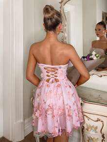 Glamine Charm Women's 3D Embroidered Bandeau Backless Dress - Pink - View 3