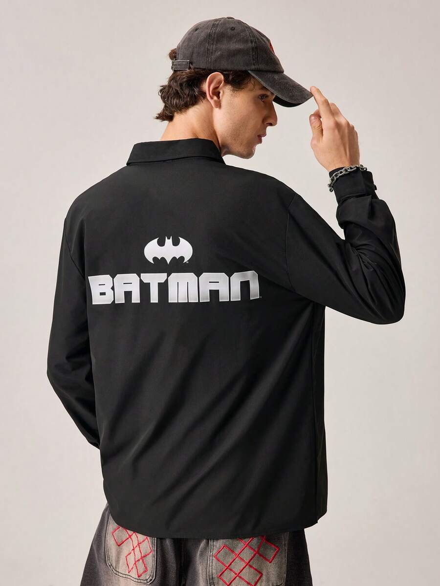 Strevion BATMAN قميص كاجوال فضفاض للرجال مطبوع عليه حرف باتمان، مناسب للخريف والصيف - الأسود - مشاهدة 1