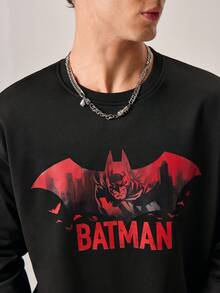 Strevion BATMAN 男士休闲红色蝙蝠侠标志印花圆领长袖T恤，适合春秋季日常穿着 - 黑色 - 查看 8