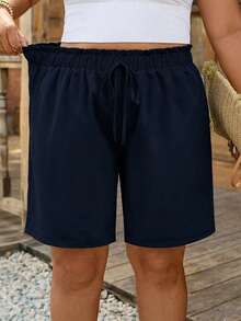 Comfylo Plus Size Solid Color Casual Versatile Shorts For Vacation - Navy Blue - View 3