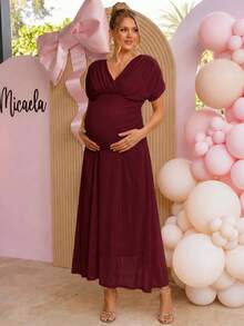 Loomaby Elegant Solid Color Maternity Party Dress - Burgundy - View 8