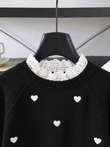 SHEIN Tween Girl Patchwork Embroidered Stand Collar Long Sleeve Heart Pattern Sweater - Black - View 7