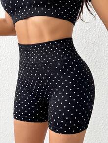 SHEIN Dewbera Polka Dot Print Cropped Top & Shorts Seamless Women's Sports Set - Black and White - View 3