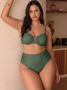 Swim Chiccia Sage Green Summer Elegant Beach Vacation Holiday Women Chiccia 2-Piece Bikini Set,Solid Color Textured Side Ruched Deep V-Neck Plus Size Swimwear - Green - View 4