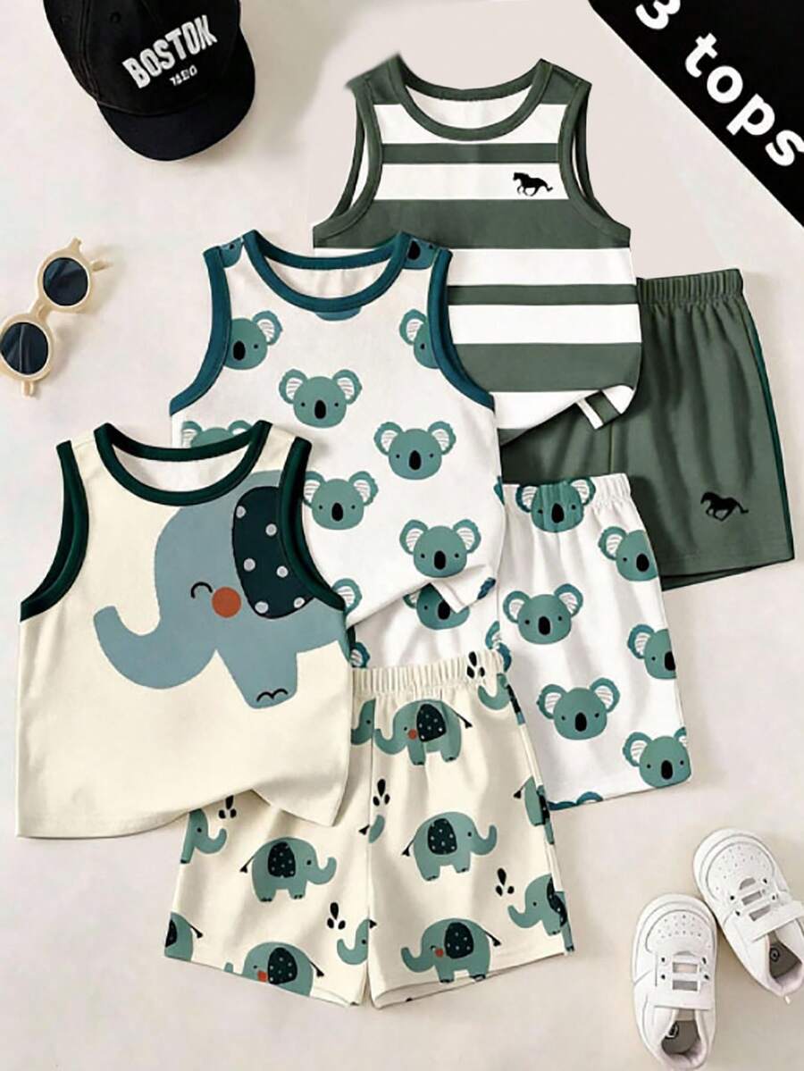 Baby Boy Casual Simple Tank Top 3pcs Set Suitable For Summer - Multicolor - View 1